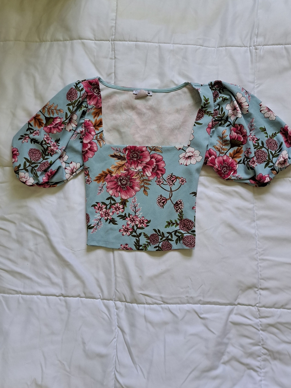 Floral Puff Sleeve Square Neck Crop Top - Mint with Pink Flowers